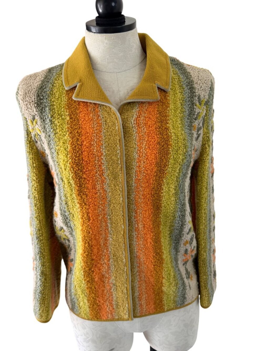 Vintage Womens Boucle Striped Cardigan Jacket Size Small Multicolor Lined Rare
